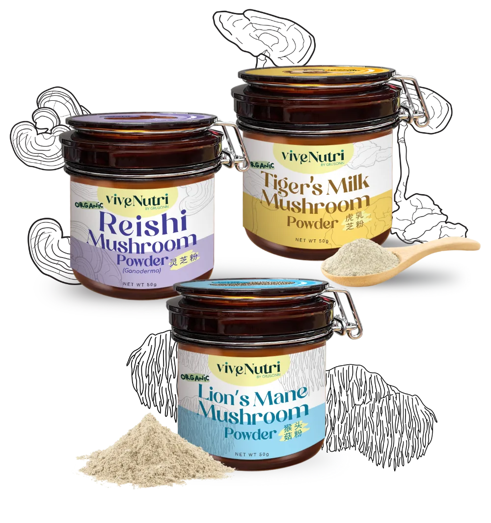 ViveNutri organic Reishi, Tiger's Milk and Lion's Mane mushroom powder jars